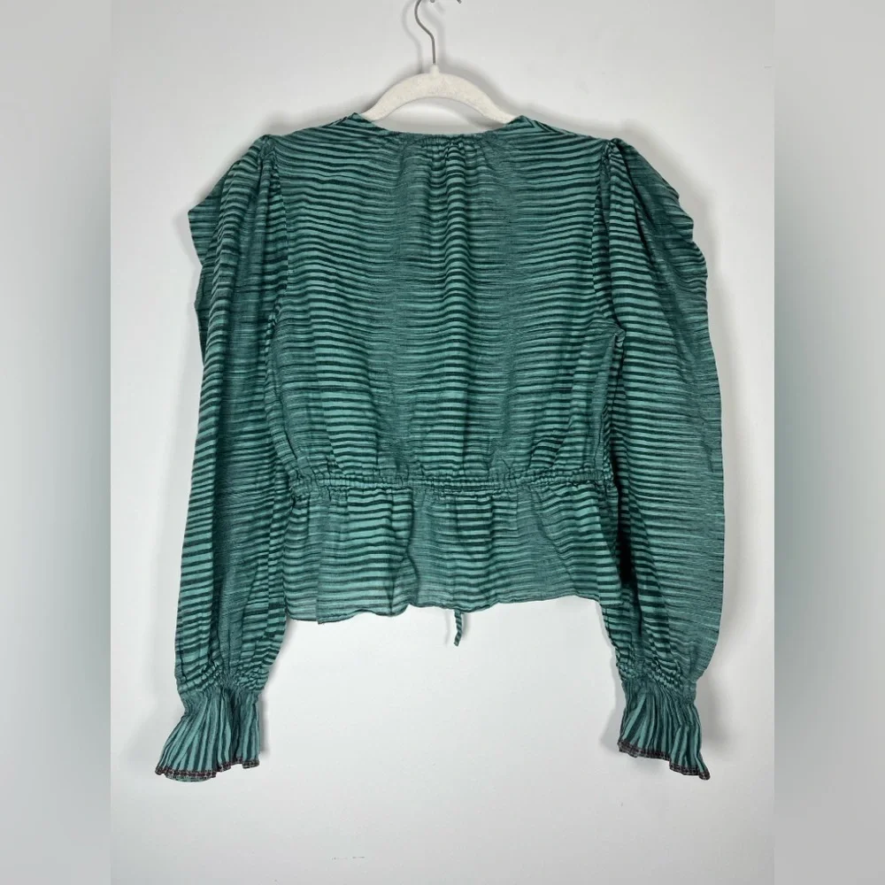 Ulla Johnson Ophelia Cotton Voile Peplum Blouse Teal/ Green Stripe sz 6